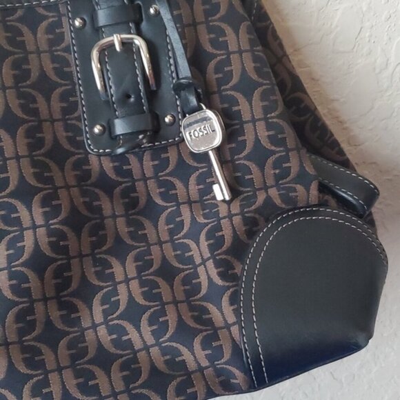 VTG Fossil Black/Brown Signature Canvas Leather Satchel - Picture 4 of 9